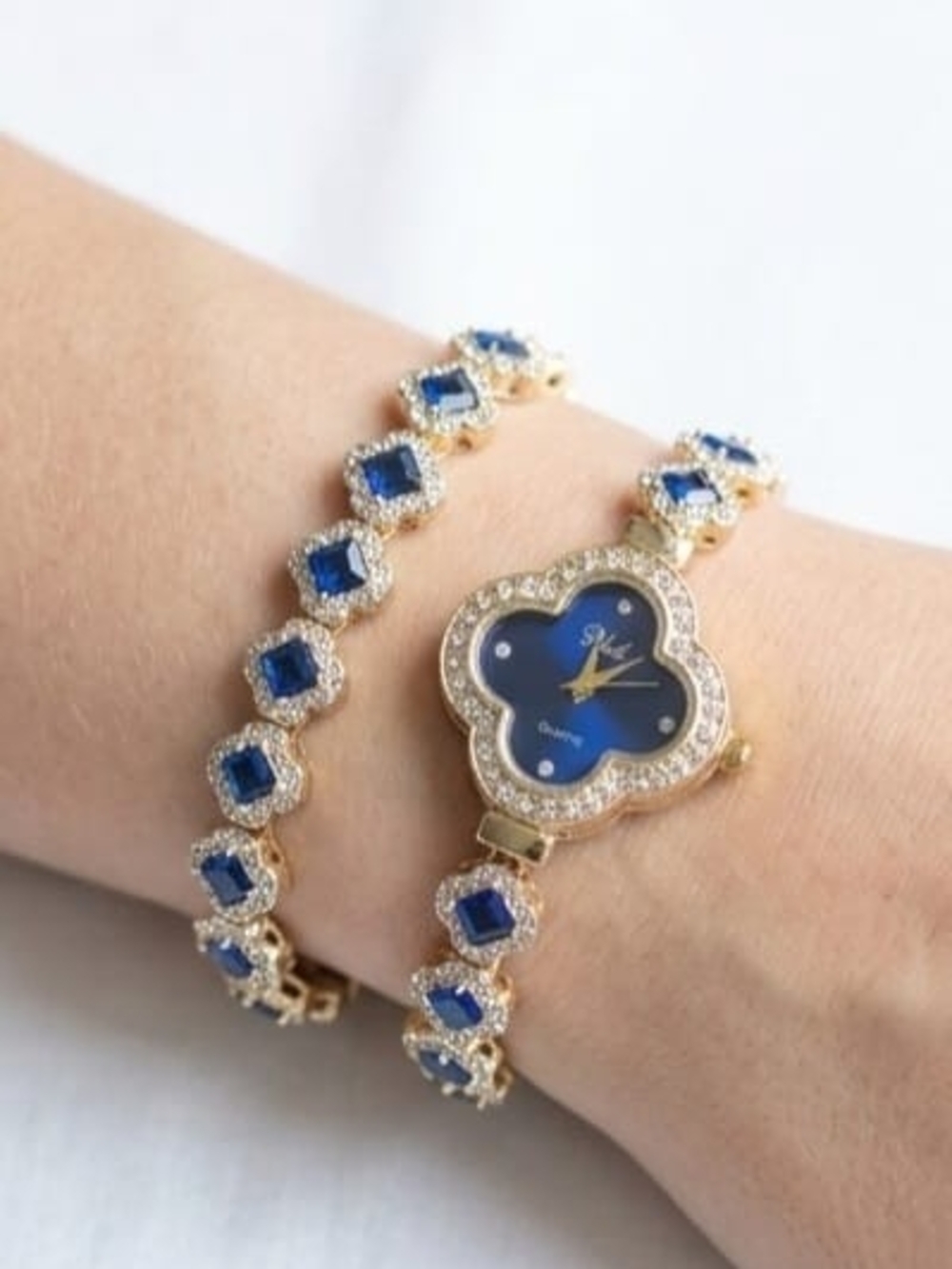 Gold Tone Blue Face Clover Watch with Matching Bracelet